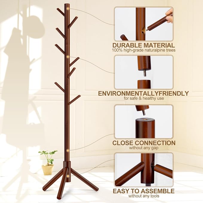 2 PC Wooden Coat Rack Freestanding with 8 Hooks & 3 Adjustable Sizes for Clothes, Space-Saving Design for Bedroom Office Entrance Holds Hats Coats Scarves Bags