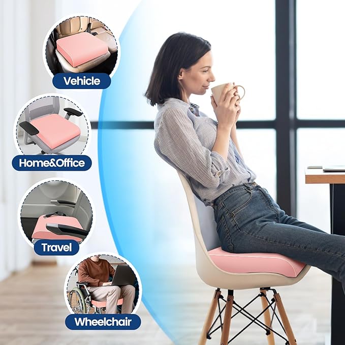 SweetSlubr Seat Cushion for Tailbone Pain Relief, Office Chair Cushion, Memory Foam Large Chair Cushion with Non-Slip Cover for Soft Support at Office Chair, Car Seat, Airplane Pink/2X-Large