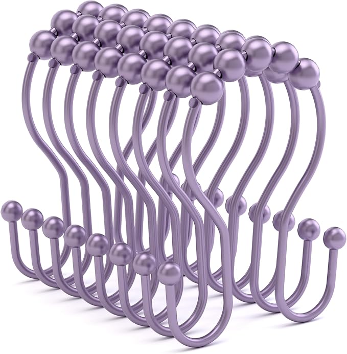 Bathway Shower Curtain Hooks, Shower Curtain Rings Rust Proof Double Hook Shower Curtain Hooks, 12 Pcs Purple Shower Hooks for Shower Curtain, Shower Rings for Curtain, Metal Shower Rod Hooks