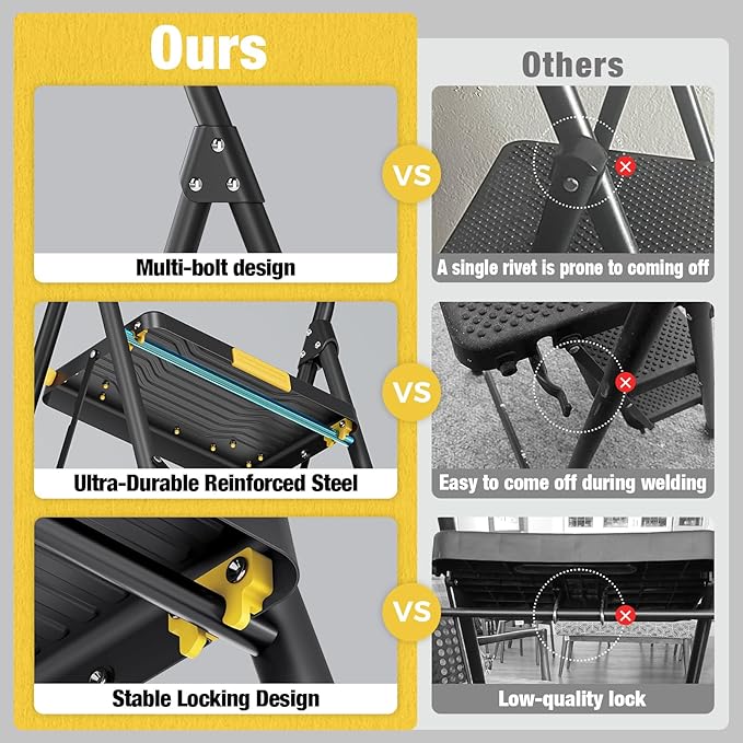 Urackify 3 Step Ladder, Heavy-Duty 800lb Capacity, Wide Anti-Slip Steps & Secure Handrail Compact, Folding Step Stool Portable Design for Home, Kitchen, Office, Pantry, Closet Use, Black