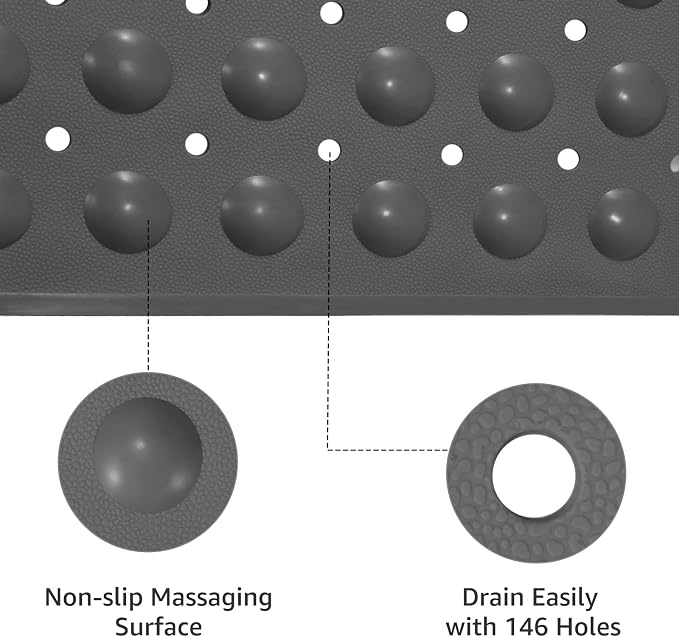 WarmSnow（TPE） Long Bathtub Mat Non Slip 39.5 x 16 Inch, Inside Shower Mats with Suction Cups & Drain Holes, Soft TPE Bath Mat for Tub, Quick-Drain Bathroom Floor Mats, Dark Gray