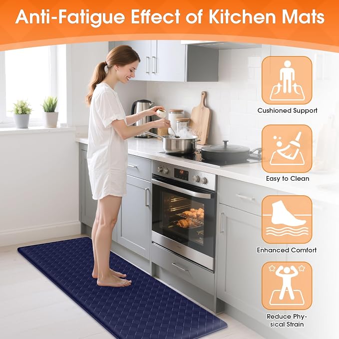 TranquilRelax Kitchen Mats, 2PCS Kitchen Rugs, Cushioned Anti Fatigue Kitchen Mats for Floor, Non-Slip Standing Desk Mat, Waterproof Kitchen Rug Set for Kitchen, Floor, Office,17.3"×30"+17.3"×59",Blue