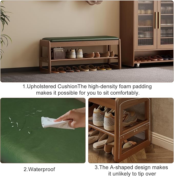 AQIMUELE Shoe Rack Bench,2 Tiers Shoe Bench with Storage with Flip-Top,Wood Shoe Rack for Entryway,Hallway（Green Upholstered Seat,11.8" D x 39.3" W x 15.7" H）