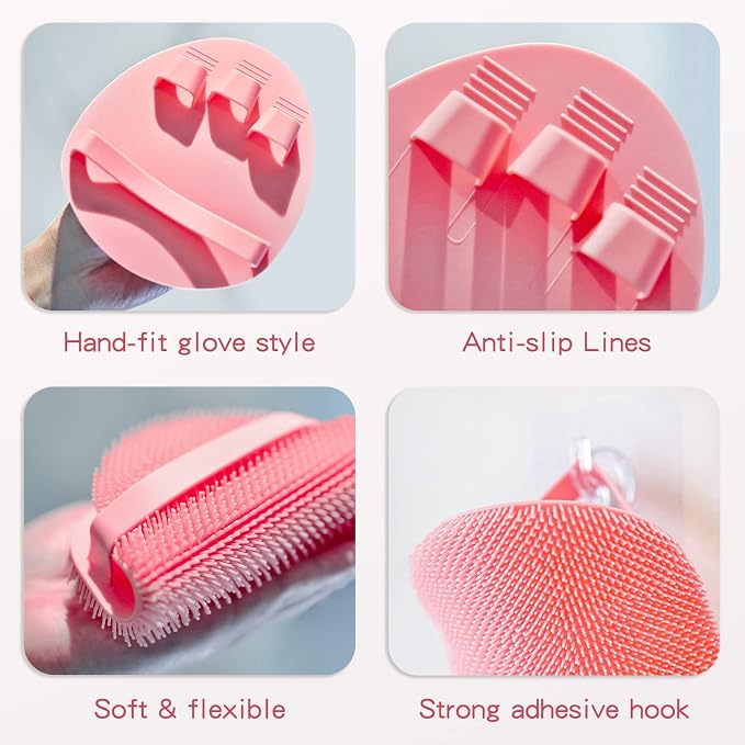 Manmihealth Silicone Back Scrubber(Thick Bristles) & Soft Bath Glove Set, Super-Exfoliating Body Scrubber & Super-Lathering Shower Brush Combination, with a Free Hook.(Pink)