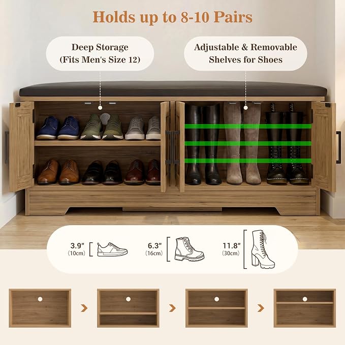 Farmhouse Shoe Storage Bench with Cushion - 43.3" Entryway Bench with Storage & 4 Barn Doors, 2-Tier Wooden Shoe Rack Bench, Shoe Cabinet & Mudroom Bench for Bedroom Hallway Living Room, Brown Oak