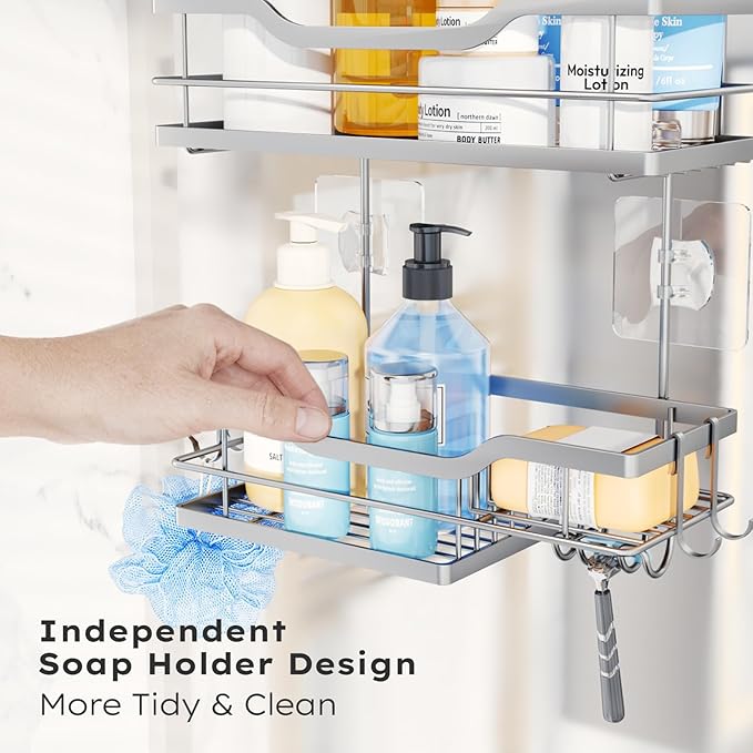 Consumest Over Door Shower Caddy - 2 Tier Shower Shelves Hanging with Soap Holders, Large Capacity Shower Organizer with 4 Hooks, Bathroom Rack and Storage, Silver