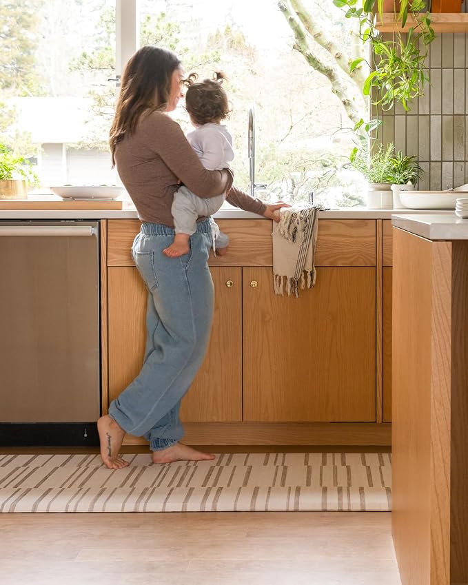 House of Noa Nama Standing Mat – Anti-Fatigue Kitchen Mats for Floor, Cushioned & Non-Slip Comfort Mat for Standing, Thick Foam Anti-Fatigue Mat for Kitchen & Workspaces, Nara Stripe Natural 22" x 54"