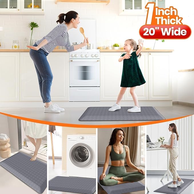 StepRite 1” Thick Kitchen Mats for Floor, Anti Fatigue Kitchen Rugs, Non-Slip,Heavy Duty Water Resistant Kitchen Rug, Standing Desk Mat for Friends, Family, Home, Kitchen, Office (39" x 20", Grey)