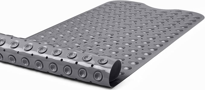 Extra-Long Non-Slip Bathtub & Shower Mat 39”x16” (Smooth/Non-Textured Tubs Only) Safe, Clean, Machine-Washable, Superior Grip&Drainage, Vinyl, Opaque Gray (Grey)