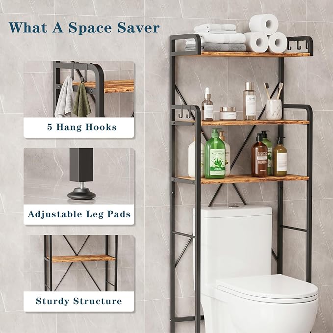 Over The Toilet Storage Cabinet, 3-Tier Bathroom Organizers and Storage with Hooks, Freestanding Shelf Toilet Rack, Small Bathroom Laundry Space Saver with Towel Rack & Toilet Paper Holder(Brown)