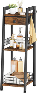 Gewudraw 3-Tier Narrow Ladder Shelf with Drawer, Bathroom Table Stand for Small Space, Narrow Bathroom Standing Shelves with Storage for Living Room Bedroom Kitchen, Organizer Shelf, Rustic Brown