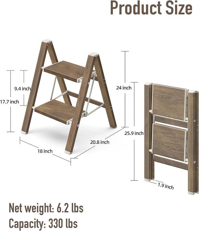 Mayi Plus 2 Step Ladder,Aluminum Folding Step Stool for Adults,Step Ladder with Wide Anti-Slip Pedal,330 lbs Capacity for Home,Kitchen,Library,Office(Cherry Woodgrain)