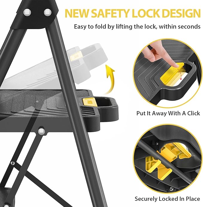 KINGRACK 5 Step Ladder, Sturdy Steel Step Stool with Anti-Slip Wide Pedals, Handrail, Safe-Lock Design, Pass 800lbs Load Testing, Folding Portable Ladder for Multi-Purpose, Home, Kitchen, Black