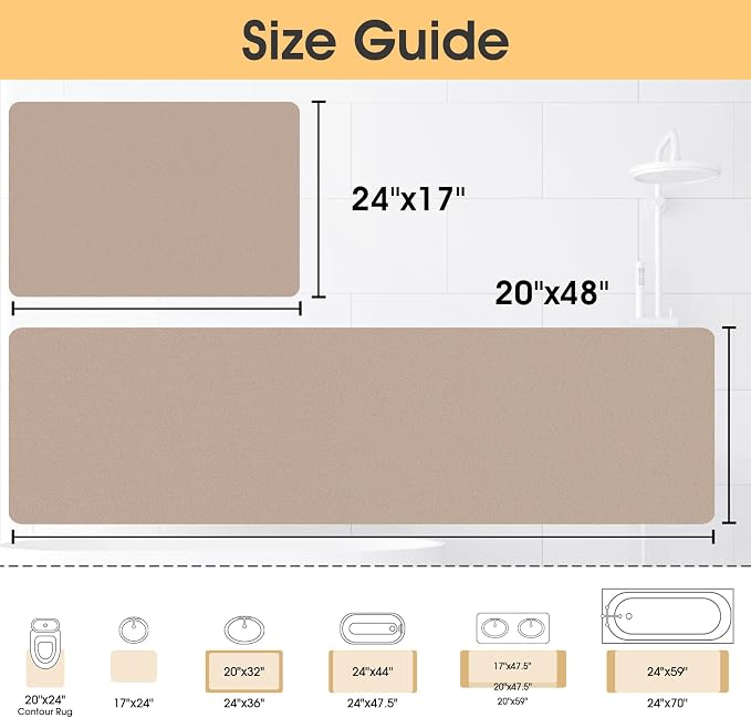 ACCUMTEK Non Slip Bath Mat, Thin Bathroom Rugs Fit Under Door, Quick Dry Bath Mats, Machine Washable Bath Rugs for Bathroom, Bathtub & Kitchen, Bathtub, Taupe/Solid/24 x17+48"x20"