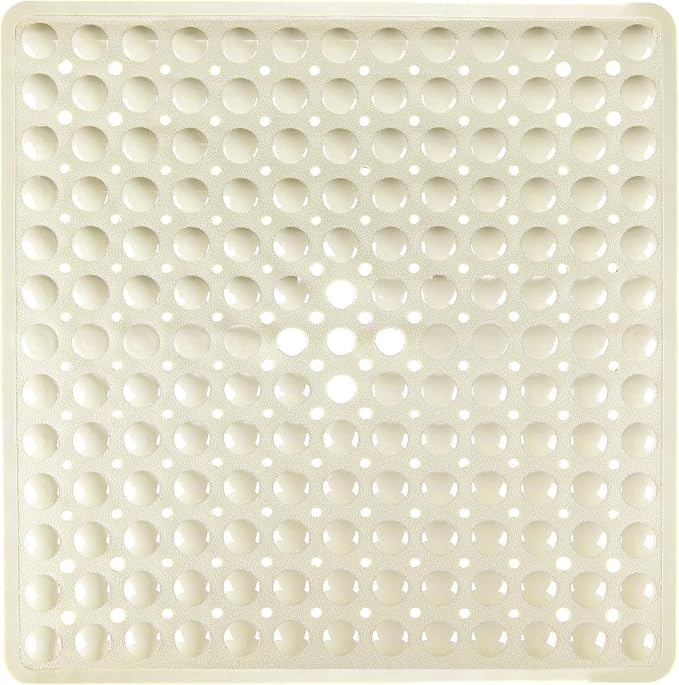 Beige Square Shower Bathtub Mat Non Slip 21x21 Inch, Soft Bath Mat for Inside Shower Tub, Shower Stall Mats for Bathroom Floor, Big Suction Cups Drain Holes, Easy Washable and Dry, BPA-Free
