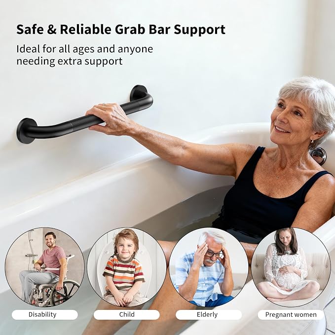 Black Grab Bar 24 Inch, iHansee Anti-Slip Bathroom Grab Bar w/Knurled Grip, Stainless Steel Safety Handrail for Toilet Bathtub Shower, Wall Mounted Matte Black Handicap Bars Handle for Senior Elderly