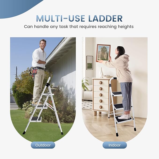 OLIXIS Step Ladder, 3 Sturdy Step Stool with Anti-Slip Pedal & Comfortable Handrail, Portable Heavy Duty Step Stool for Kitchen, Garage & Outdoor Use, 330lbs, Black