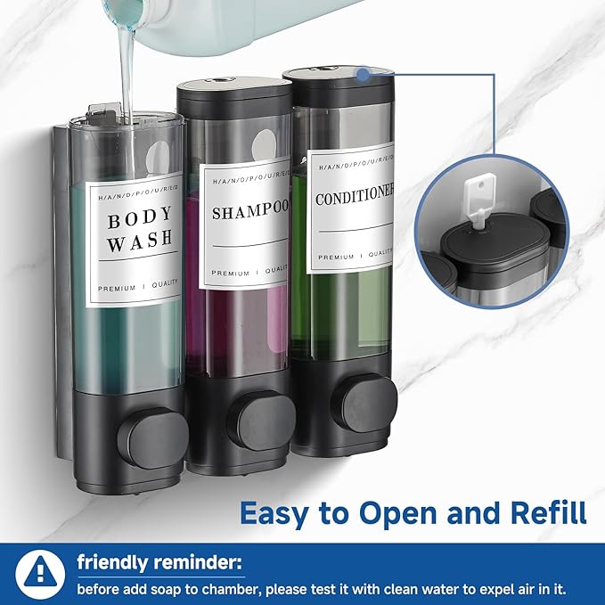 Shampoo and Conditioner Dispenser Shower Dispenser Body Wash Wall Mounted Shampoo Dispenser for Shower Wall No Drill for Bathroom Hotel 3 Chamber x 300ml Black with Waterproof Labels