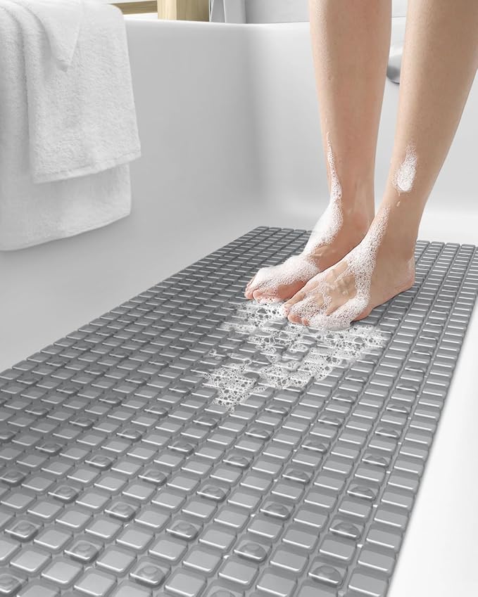 DEXI Bathtub Mat Non Slip, Extra Long 39x16, Suction Cups, Drain Holes, Machine Washable for Tub Shower Floor, Clear Grey
