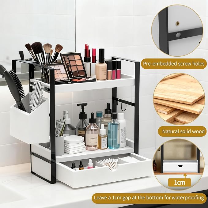 2-Tired Bathroom Counter Organizers and Storage, Bathroom Countertop Organizer with Drawer, Solid Wood Skincare Perfume Organizer for Vanity Kitchen Corner Shelf Office Countertop (White)