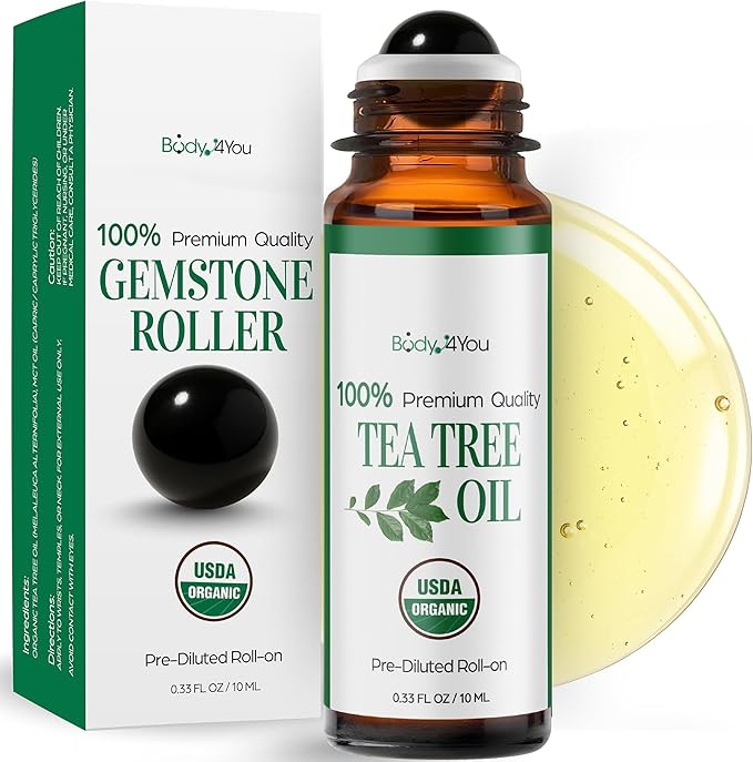 Tea Tree Essential Oil Roll On for Acne Blemish Clear Skin Care - 100% Pure USDA Organic MCT Coconut Oil - Face Body Nail Cuticle Purifying Fresh Skin Care Cleansing - Gemstone Roller 10ml Travel Size
