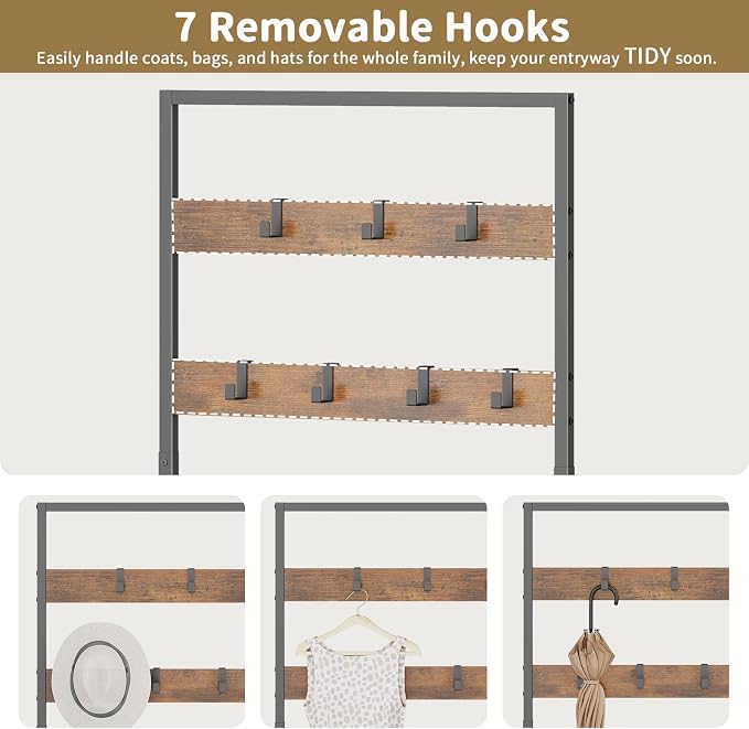 Hall Tree with Shoe Storage Bench - Entryway Bench with Coat Rack and Hooks - 3-in-1 Small Hall Tree for Entry Way, Entrance, Hallway, Doorway, Front Door, Mudroom, Small Space - Rustic Brown