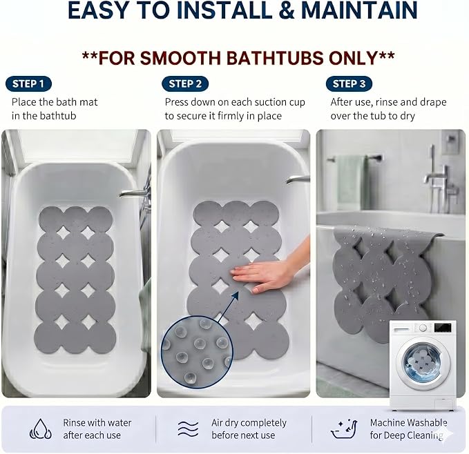 Webos Patented Non Slip Bathtub Mat Shower Mat Bath Mat Tub Mats with Strong Suction Cups Soft Natural Rubber Bath Mat for Inside The tub (Circle-Grey, 28x16 inch)