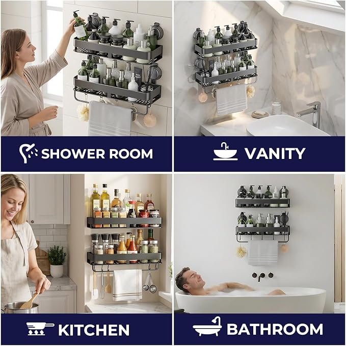 Shower Caddy Suction Cup,2 Pack Extra-strong Suction Shower Shelves,No Drilling Rustproof Organizer for Bathroom,Kitchen,Home Decor,Reusable Bathroom Storage with Large Capacity(11.8 inch)