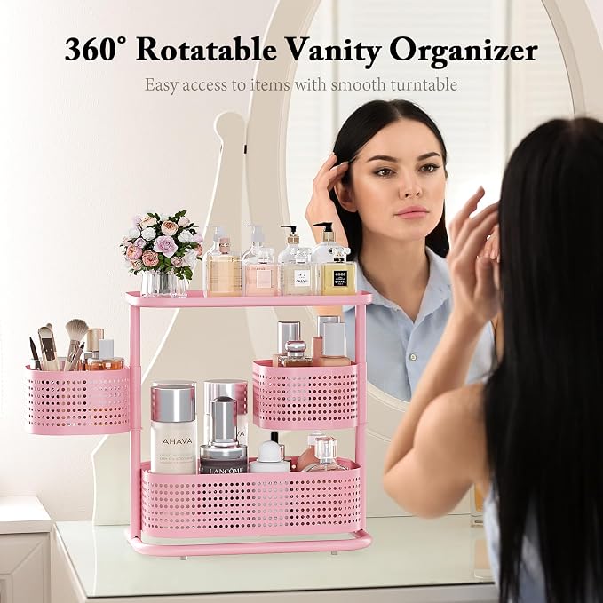 KINGRACK 3 Tier Pink Bathroom Counter Organizer, Rotating Makeup Organizer for Vanity, Perfume & Skincare Standing Shelf, Vanity Tray for Bathroom Countertop Storage, Pink