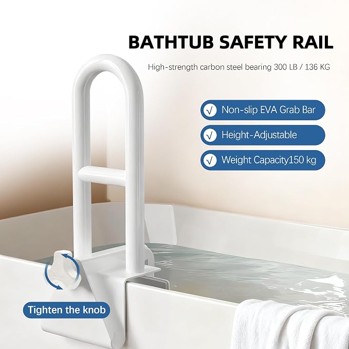 Bathtub Handle and Grab Bar, Bathtub Safety Rail with Non-Slip Grip for Seniors, Elderly, Fits 3.1 to 6.7 Inch Tub Walls, Supports 300 lbs
