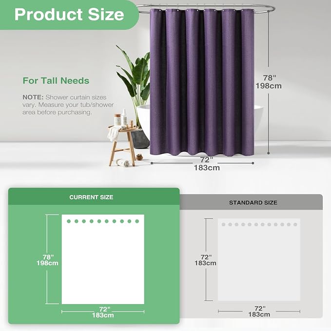 Dynamene Long Fabric Shower Curtain - 78 inch Long Waffle Weave Heavy Duty Cloth Shower Curtains for Bathroom, Neutral Weighted Hotel Spa Luxury Bath Curtain Set with 12 Plastic Hooks,72x78, Purple