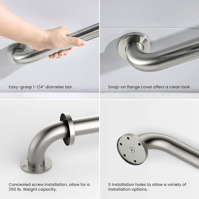 KIBI 12 Inch Stainless Steel Bathroom Safety Grab Bar | Curved Shaped Grab Bar for Bathtubs and Showers, Bathroom Grab Bars for Seniors, Wall Mounted Anti-Slip Support - Brushed Nickel (KGB1012)