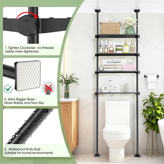 SUNALLY Over The Toilet Storage Shelf, 4-Tier Adjustable Over Toilet Bathroom Organizer,Tension-Mounted Bathroom Storage Rack for Ceilings, No Drill Space-Saving Shelving for Small Rooms,Black