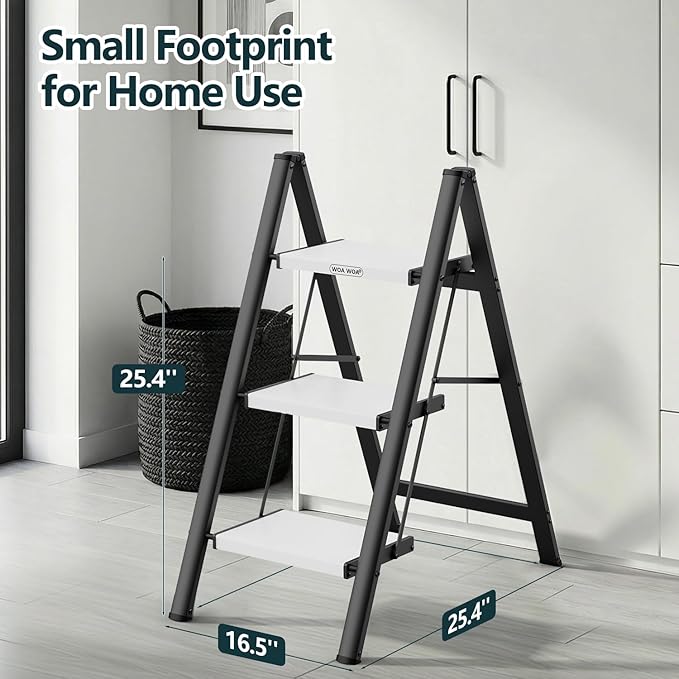 WOA WOA 3 Step Ladder, Folding Step Stool with Wide Non-Slip Aluminum Pedals, Stable and Portable, 330 lbs Capacity, for Home, Kitchen, Office - Black & White