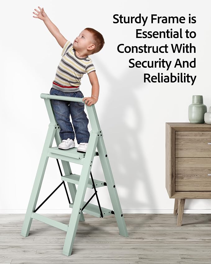 Taranta 3 Step Ladder,Lightweight Aluminum Step Stool with Convenient Handgrip, Folding Ladder with Anti-Slip Pedals, 330lbs Capacity Stepladder for Home, Office, Kitchen-Fairyland Green