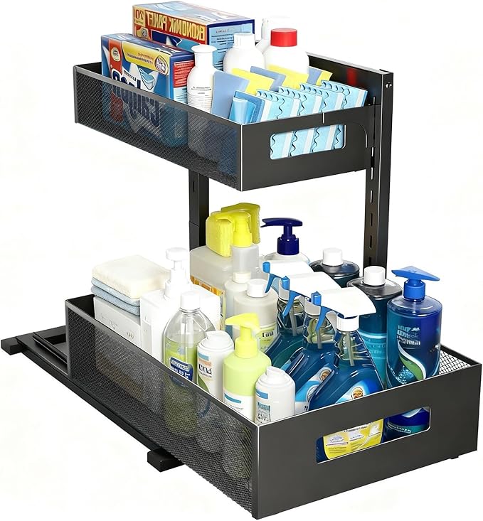 Under Sink Organizer, Adjustable Height 2 Tier Under Sink Organizers and Storage Multi-Purpose Under Sink Storage for Bathroom Kitchen