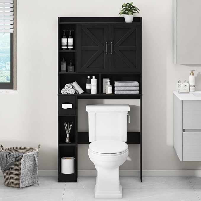 Vabches Over The Toilet Storage Cabinet, Farmhouse Storage Cabinet Over Toilet with 2 Barn Door & Toilet Paper Holder Stand, Home Space-Saving Toilet Rack, for Bathroom, Restroom (Black)