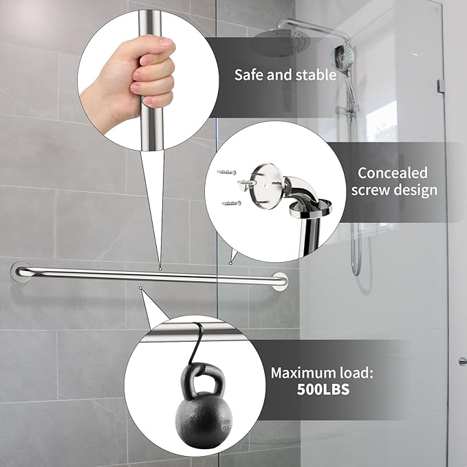 2 Pack 40 Inch Shower Grab Bar, ZUEXT SUS304 Stainless Steel Chrome Bathroom Grab Bar Handle, Shower Balance Bar, Safety Hand Rail Support, Handicap Elderly Senior Assist Bath Handle(1.25" Diameter)