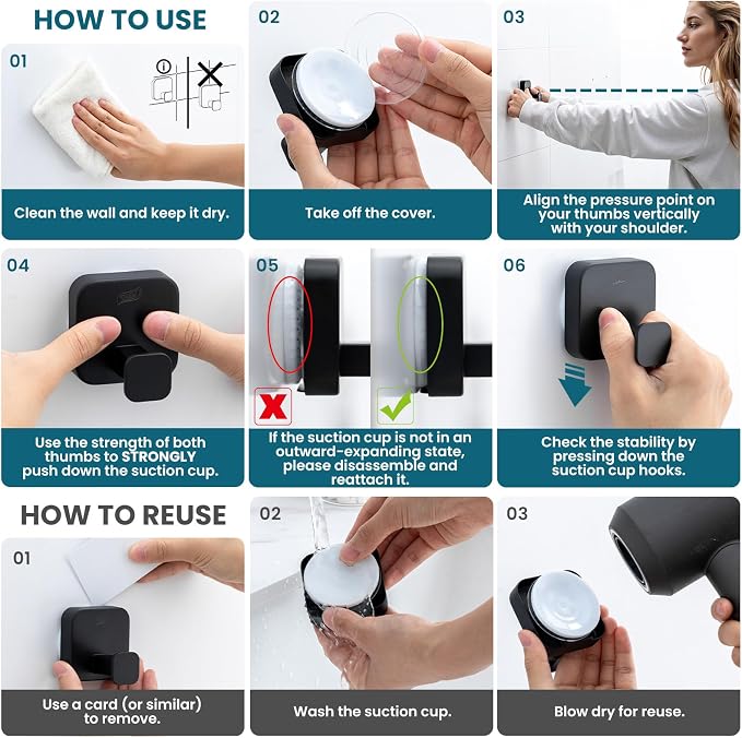 TAILI 304 Stainless Steel Bathroom Suction Hook for Towel, Loofah, Bathrobe, Patented Strong Suction Cup, Damage-Free Hanging Glass Shower Wall Hook, Hold Up to 11 Lbs, 2 Pack, Modern Square, Black
