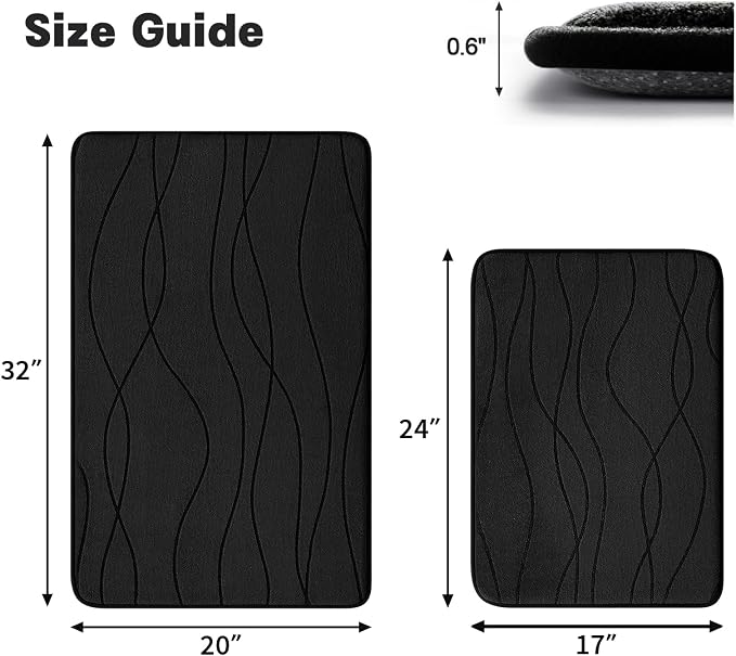 YIHOUSE Memory Foam Bathroom Rug Sets, Black, 17"x24"+20"x32", 2 Piece | Ultra Soft, Absorbent, Non-Slip, Machine Washable