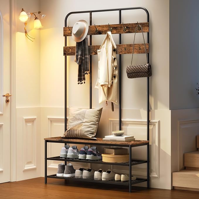 HOOBRO Hall Tree with Bench, Entryway Bench with Coat Rack, Mud Room Rack with 12 Double Hooks and Shoe Storage, Coat Tree, Shoe Rack Organizer, for Foyer, Front Door, Rustic Brown BF05MT01