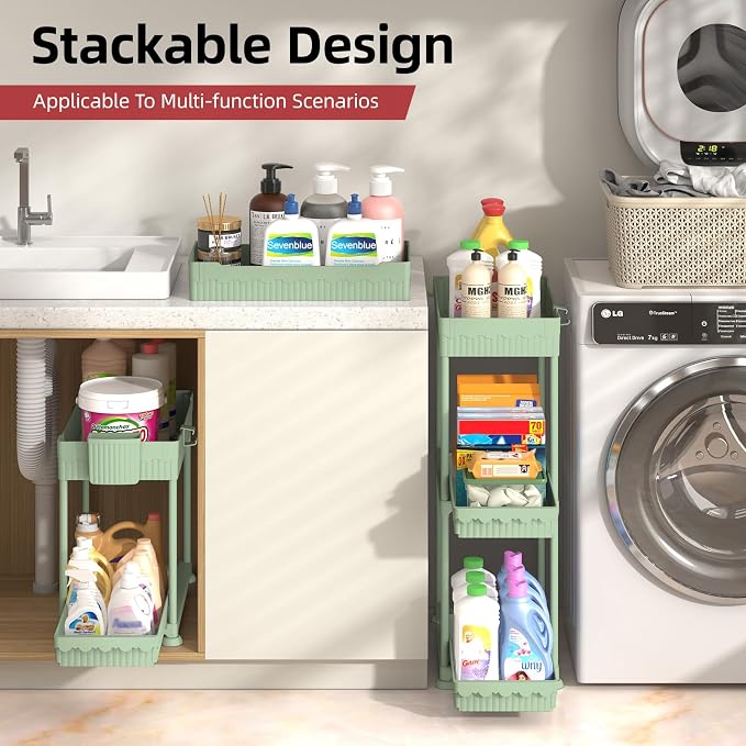 Sevenblue Under Sink Organizer, Bathroom Organizers and Storage, 2 Tier Multi-Use Pull Out Cabinet Organizer with Hang Hooks and Cups (Green, 4 Pack)
