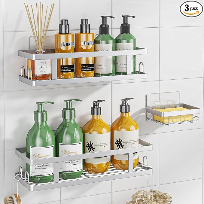 Youvip Adhesive Shower Caddy, 3 Pack Shower Shelves with Soap Holder and 12 Hooks, Rustproof No Drilling Bathroom Organizer and Storage, Silver