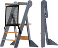COSYLAND Foldable Toddler Standing Tower - Adjustable Height Folding Step Stool Kids Toddler Kitchen Stool for Learning and Cooking - Ages 18 Months to 6 Years with Safety Net Natural & Grey