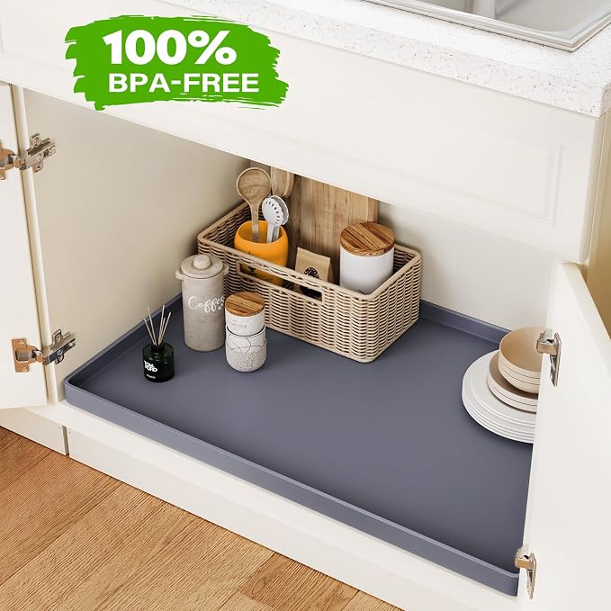 FLATO Waterproof Under Sink Mat 37" x 19" Shelf Liner for Kitchen and Bathroom, Cabinet Protector, Organizers and Storage, Flexible Silicone Drip Tray