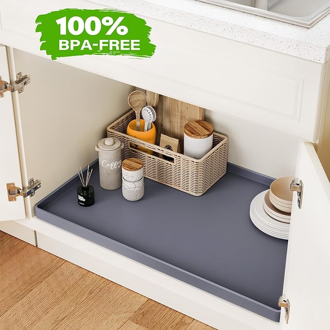 FLATO Waterproof Under Sink Mat 22" x 22" Shelf Liner for Kitchen and Bathroom, Cabinet Protector, Organizers and Storage, Flexible Silicone Drip Tray