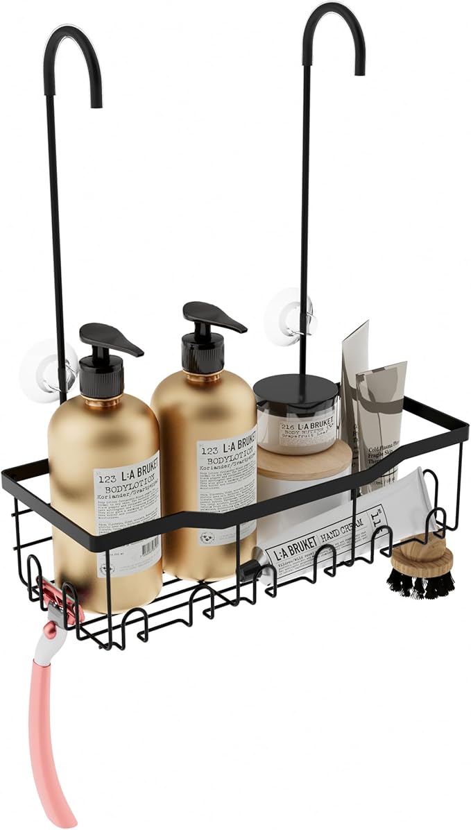 Slizy Hanging Shower Rack, Black Bathroom Storage Rack, Bathroom Door Organizer, Shower Basket, Shampoo Holder, No Drilling Required, Organizes Essentials, Single-Tier Shelf