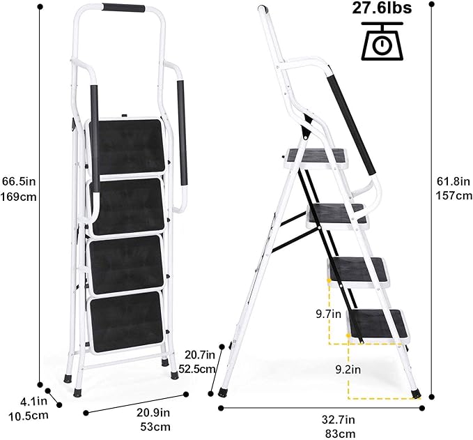 Wiberwi 4 Step Ladder with Handrails 500 lb Capacity Step Stool Folding Portable Ladders for Home Kitchen Steel Frame with Non-Slip Wide Pedal Stepladder with Attachable Tool Bag White