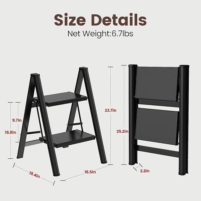 HBTower Step Ladder,Lightweight Aluminum Folding Step Stool with Anti-Slip Wide Pedal,330lbs Capacity Step Ladder for Household,Kitchen,Office - Black