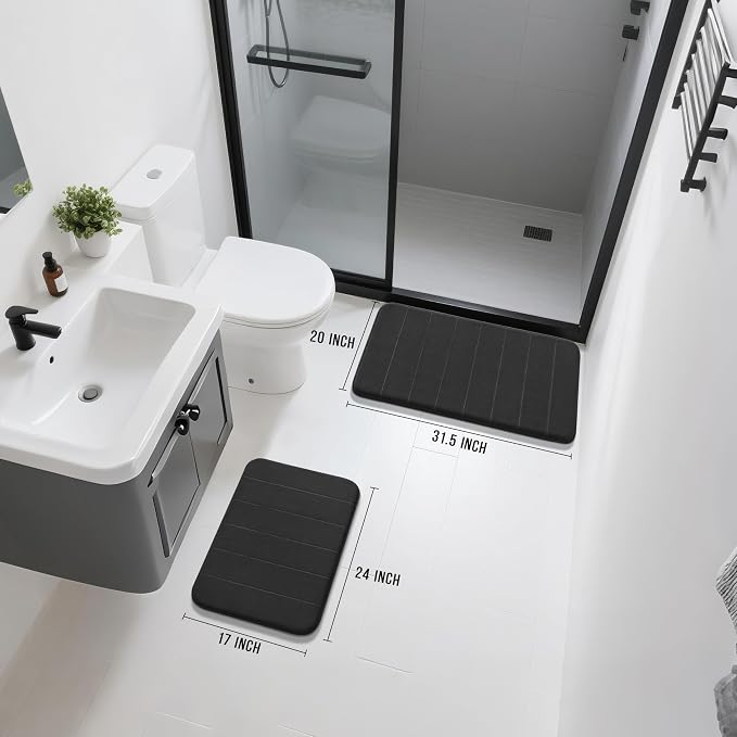Yimobra Memory Foam Bathroom Rugs Sets 2 Piece - Super Soft Absorbent Quick Dry Bath Mat Set, Machine Washable Non Slip Floor Carpet for Tub Shower & Single Sink (17x24 & 31.5x20 Inch, Black)